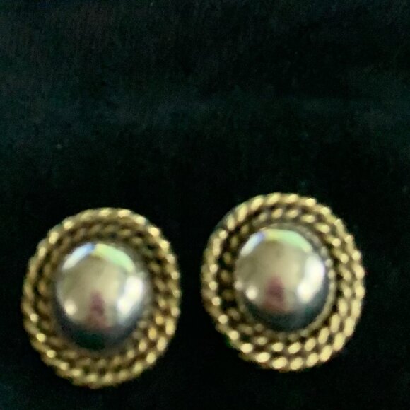 Vintage Taxco Mexico 925 Sterling Silver Button Earrings-Gold Washed Rope Border - Picture 1 of 5